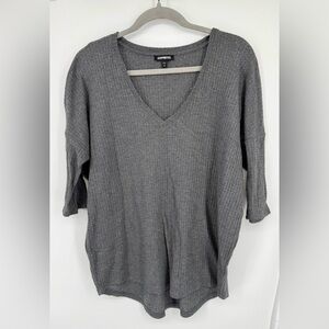Express Waffle Charcoal V-Neck Knit Top